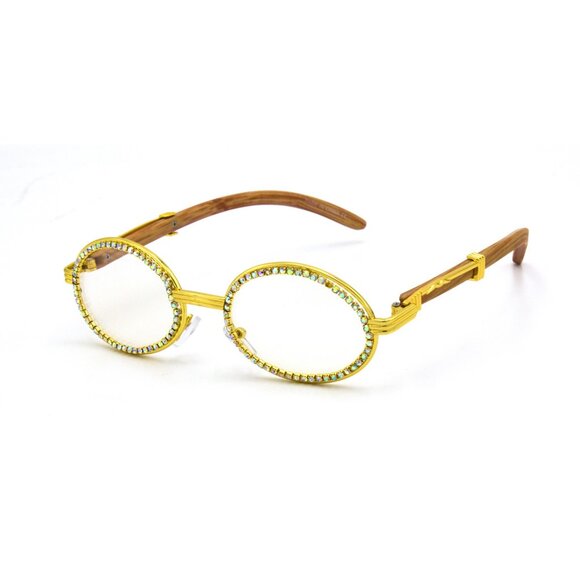 Men Clear Lens Sunglasses Wood Arms Gold Metal Frame Oval Street Wear Party New - Picture 1 of 1